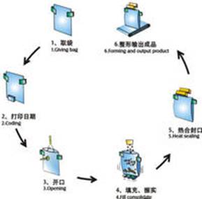 全自動(dòng)給袋式粉末包裝機(jī)工作流程圖